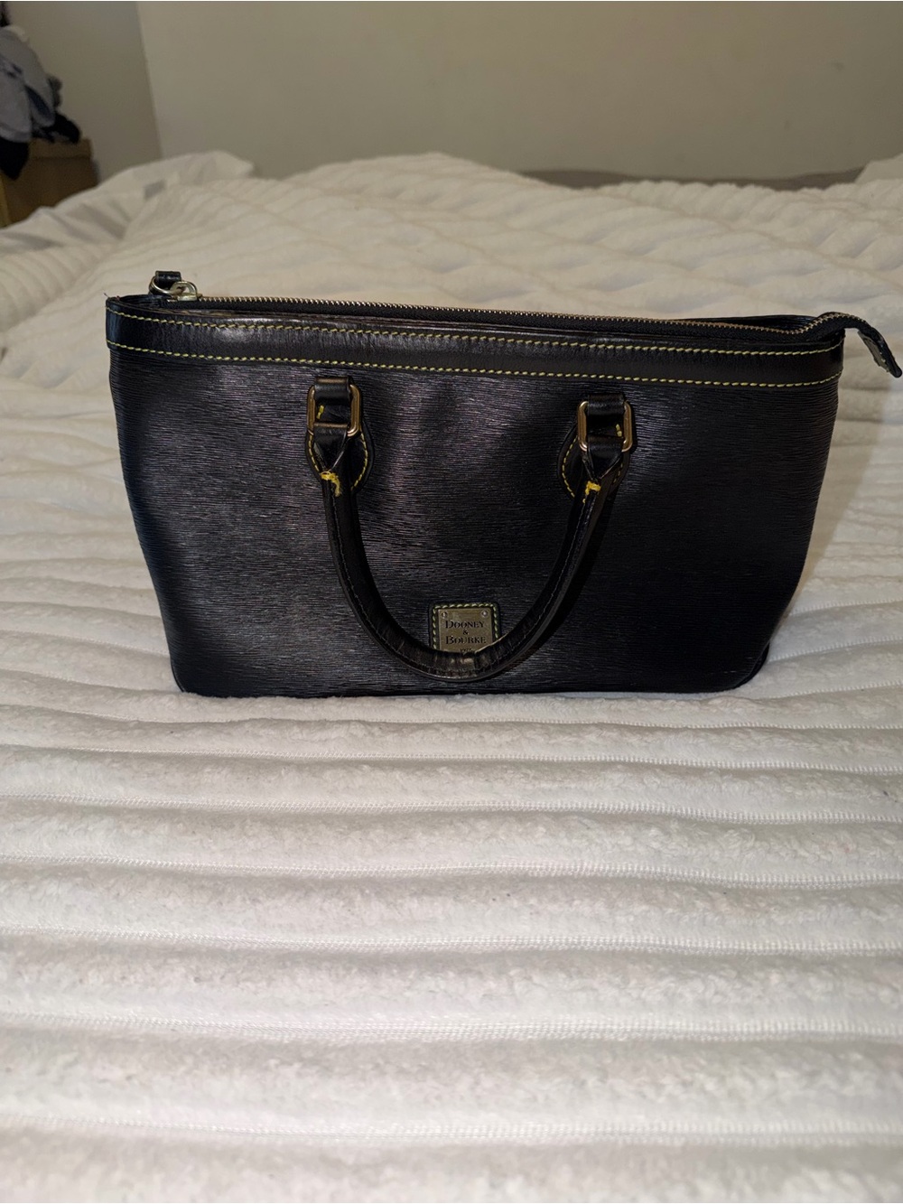 Dooney & Bourke Black Leather Tote with Yellow Stitching